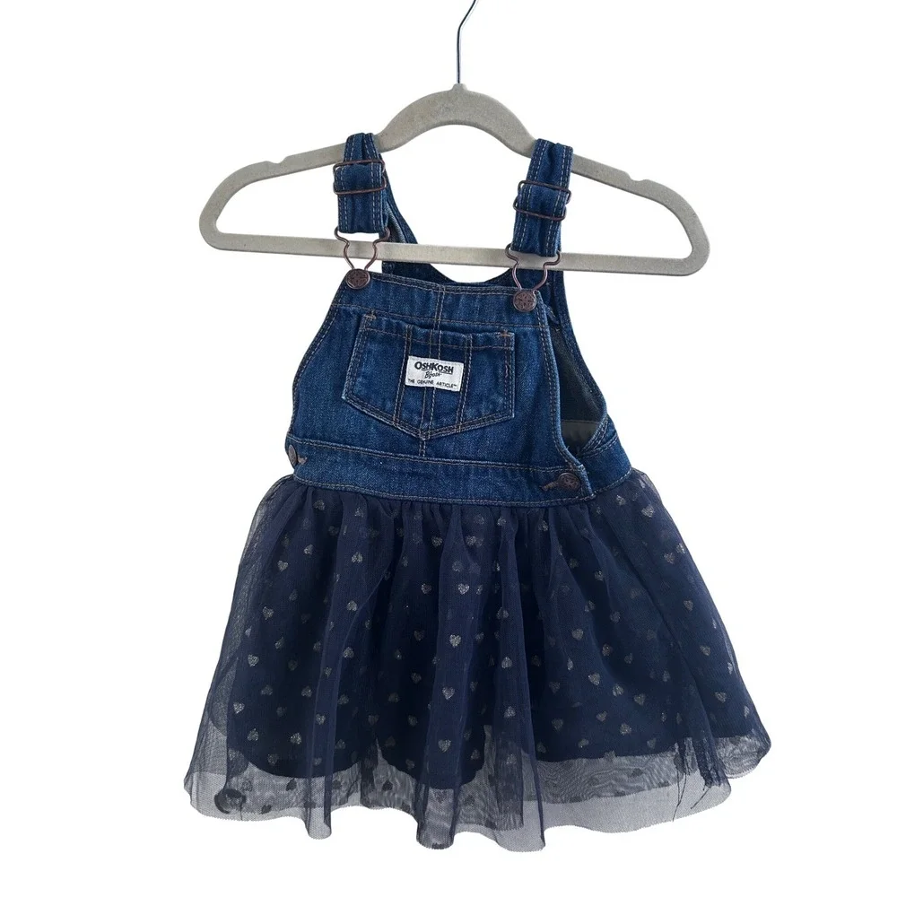 OshKosh B'gosh Denim Tulle Dress 18M Blue Heart Print Overall Skirt Toddler Girl